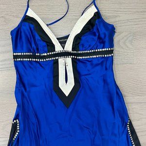 Bebe Black/Blue Silk Satin Cami Rhinestone Shirt, XS